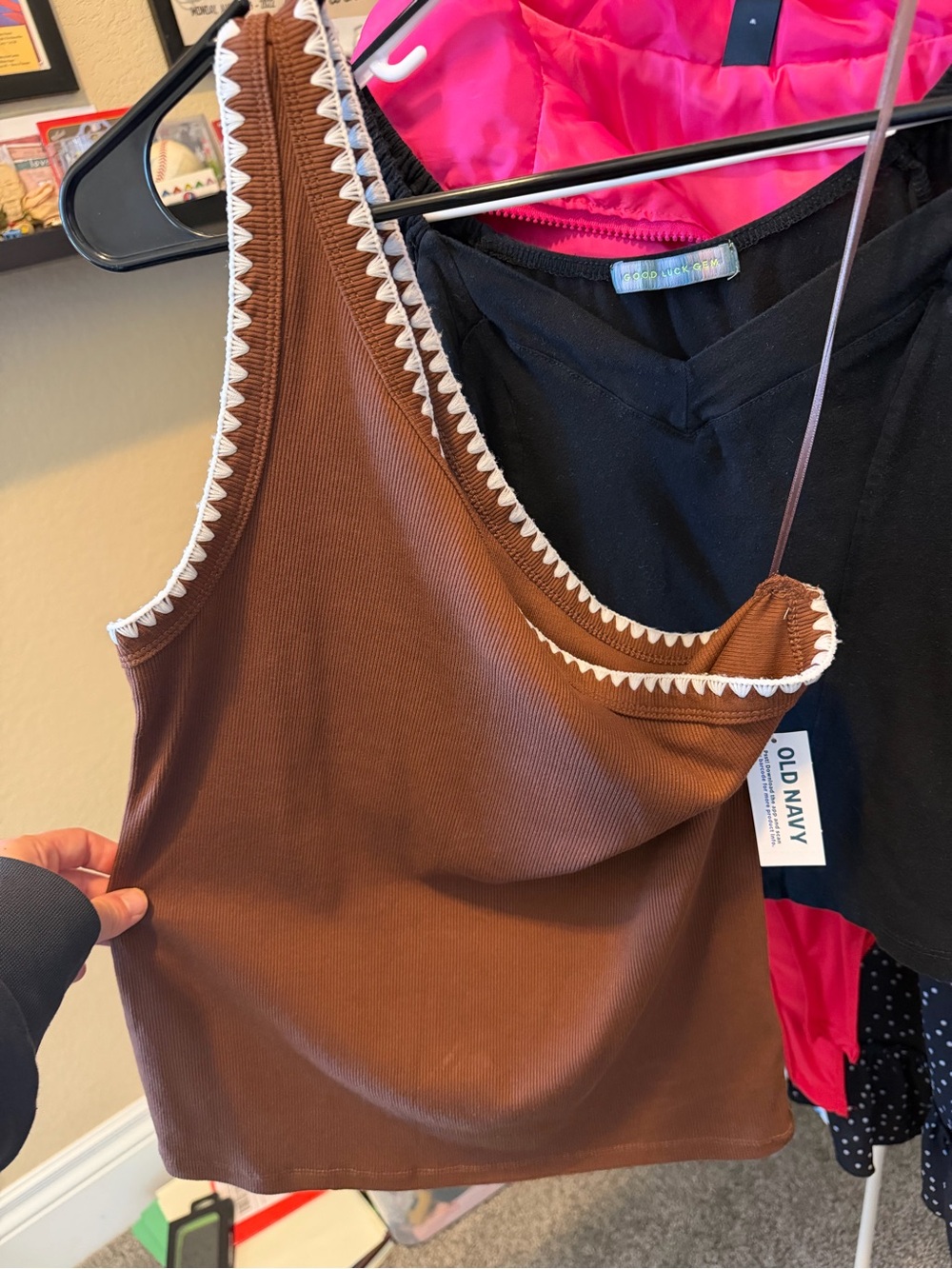 Old Navy Brown Ribbed Tank with White Scallop Trim
